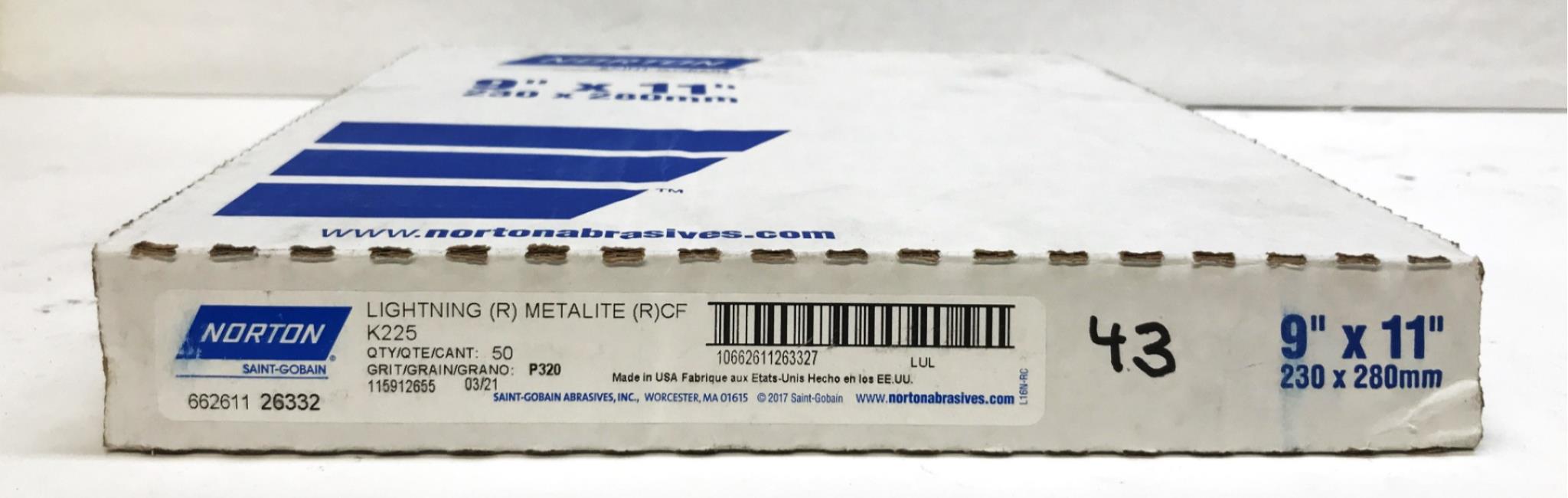 Norton K225-P320 Metallite 9" x 11" Abrasive Sheets, Box of 43, 26332 NOS