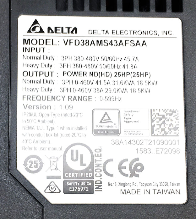 Delta Frequency Converter VFD38AMS43AFSAA NOS