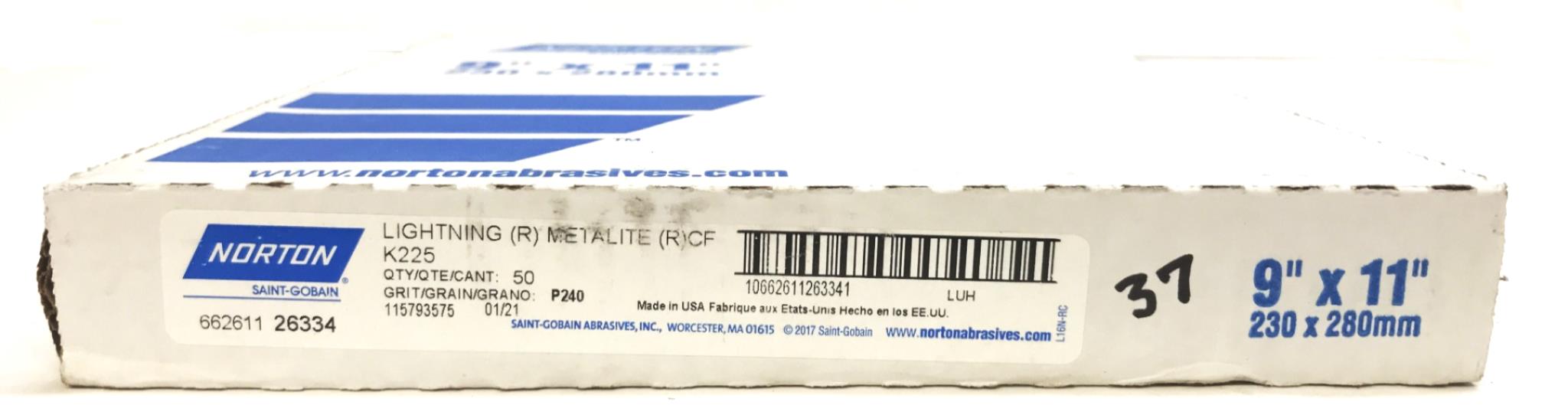 Norton K225-P240 Metallite 9" x 11" Abrasive Sheets, Box of 37, 26334 NOS