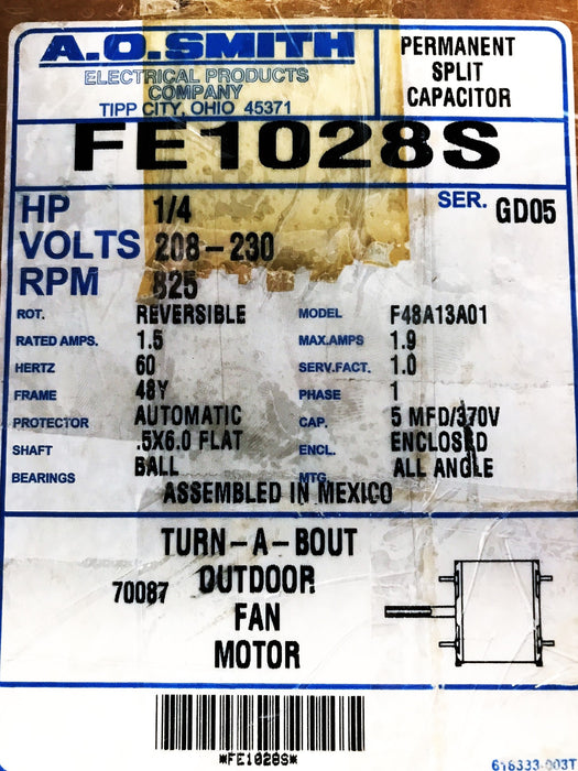A.O. Smith 5.6" Diameter HVAC Condenser Fan Motor FE1028S NOS