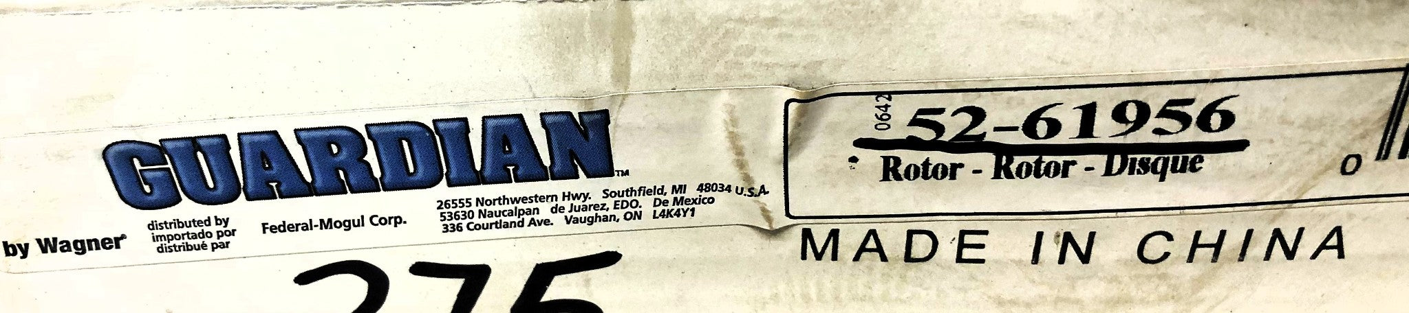Guardian/Wagner Disc Brake Rotor 52-61956 (X-31122) NOS