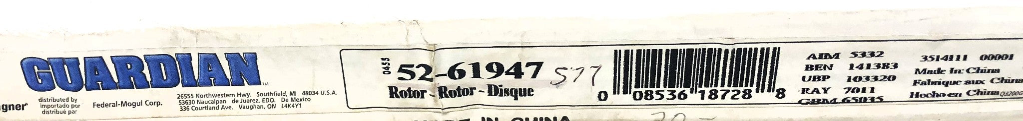 Guardian Disc Brake Rotor 52-61947 NOS