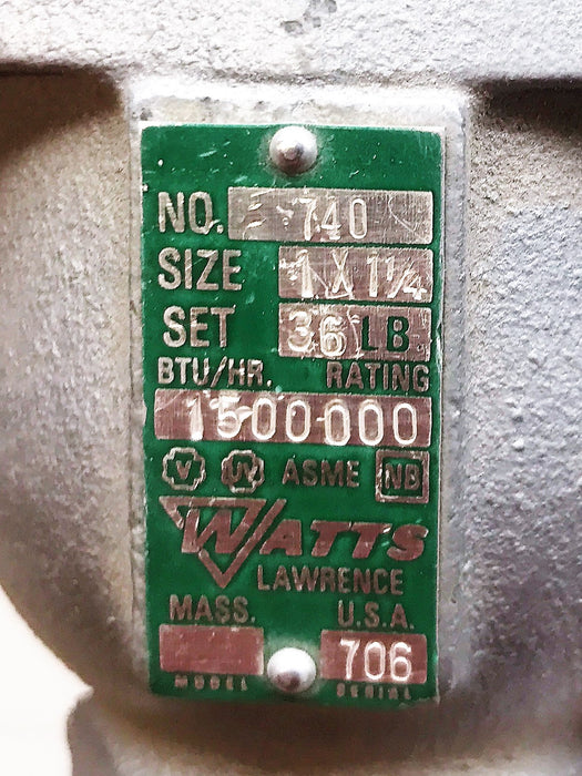 Watts Pressure Safety Relief Valve 1" x 1-1/4" (Set at 36 lbs) 740 NOS