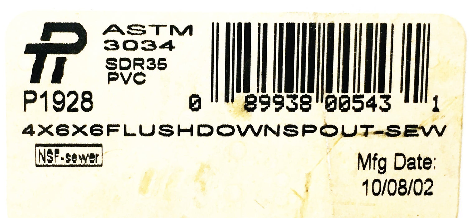ASTM 4X6X6 Inch 3034 SDR 35 PVC Flush Down Spout P1928 NOS