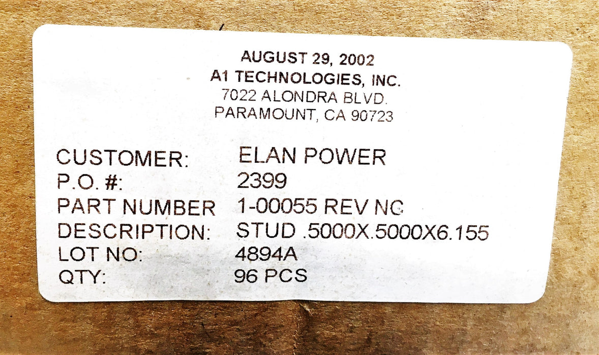 A1 Technologies 1/2 IN OD 6-3/16 IN OAL Head Stud 1-00055-REV-NC [Lot of 15] NOS