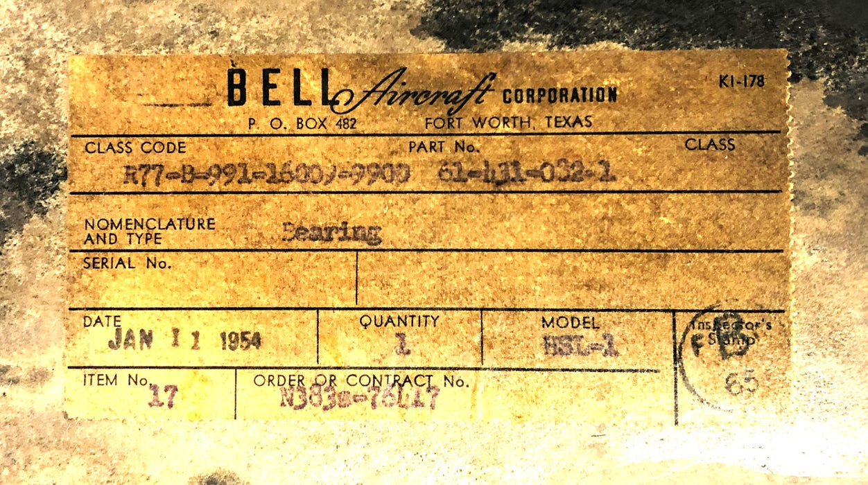 Bell Aircraft Corp Angular Contact Bearing 61-431-032-2 NOS
