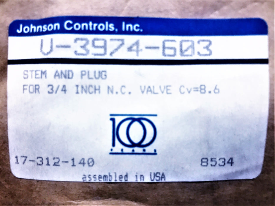 Johnson Controls Stem and Plug Assembly V-3974-603 NOS