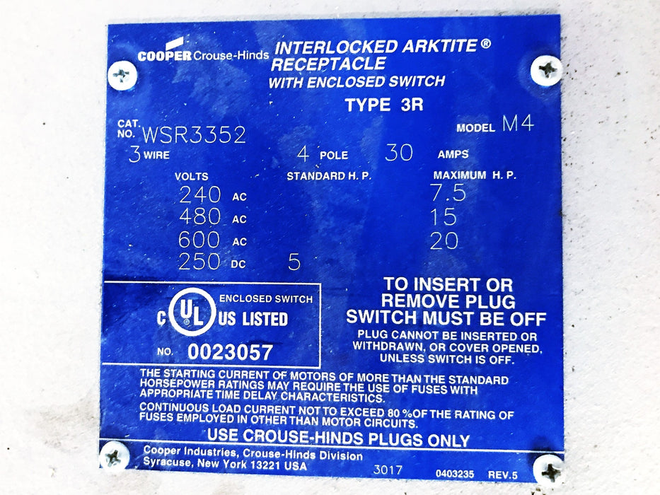 Cooper Crouse-Hinds Interlock Arktite Receptacle with Safety Switch WSR3352 USED