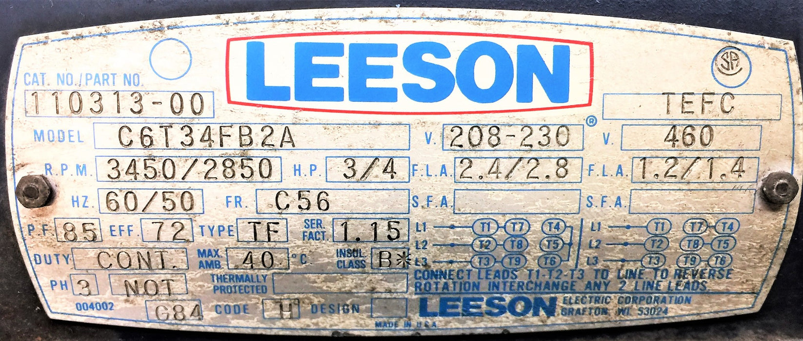 LEESON 3/4HP 208-230/460V 3450 RPM General Purpose AC Motor 110313-00 USED
