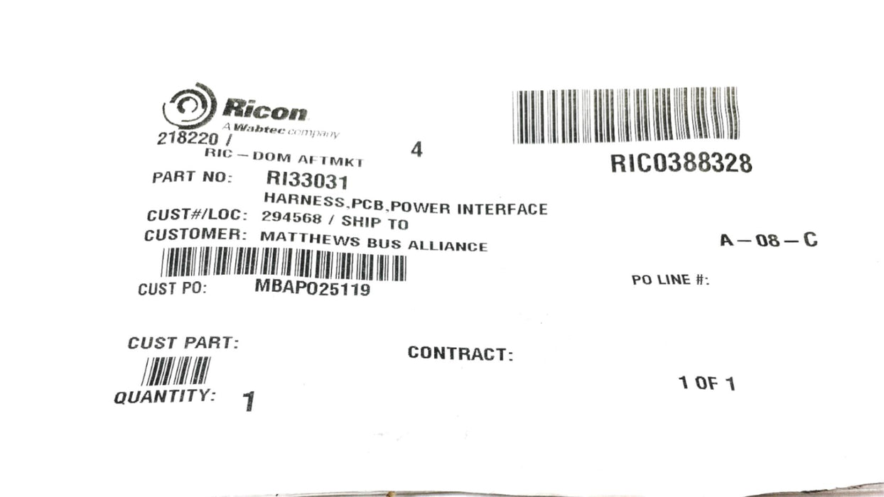 Ricon PCB Power Interface Harness RI33031 NOS