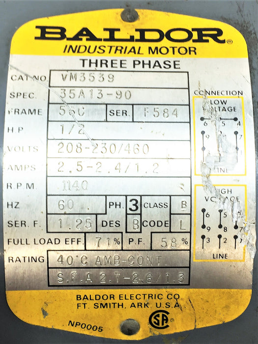 BALDOR ELECTRIC General Purpose Motor VM3539 (35A13-90) USED