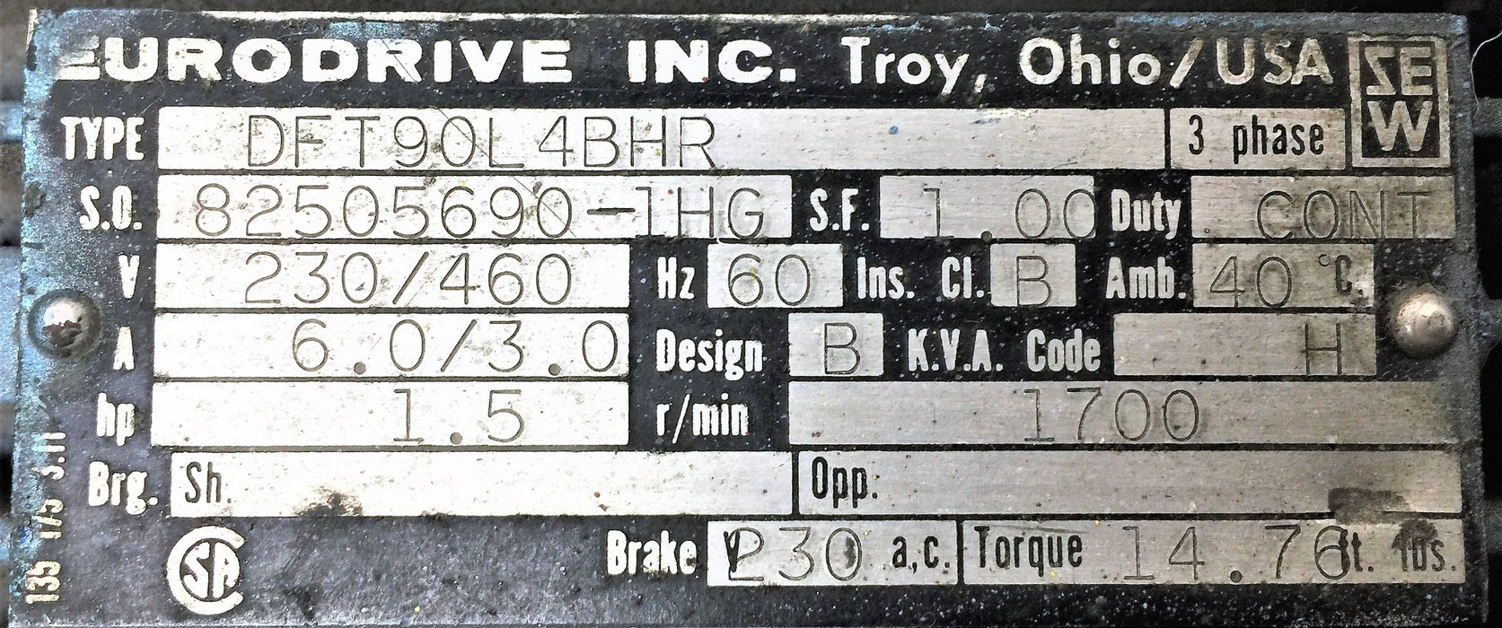 SEW EURODRIVE 3-Phase 1.5HP 1700RPM Motor DFT90L4BHR USED