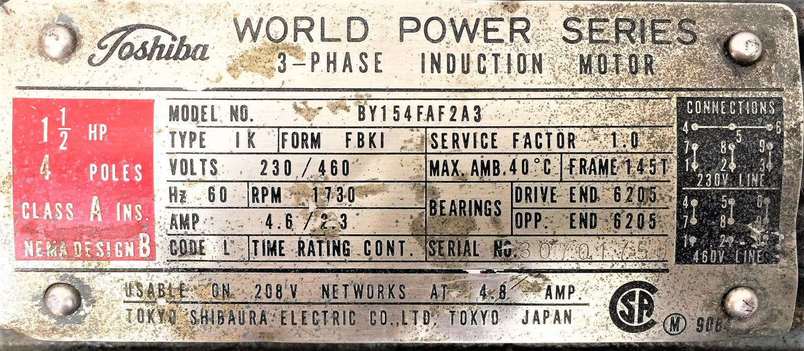 TOSHIBA 3-Phase 230/460V Induction 1-1/2HP 4-Pole Motor BY154FAF2A3 USED