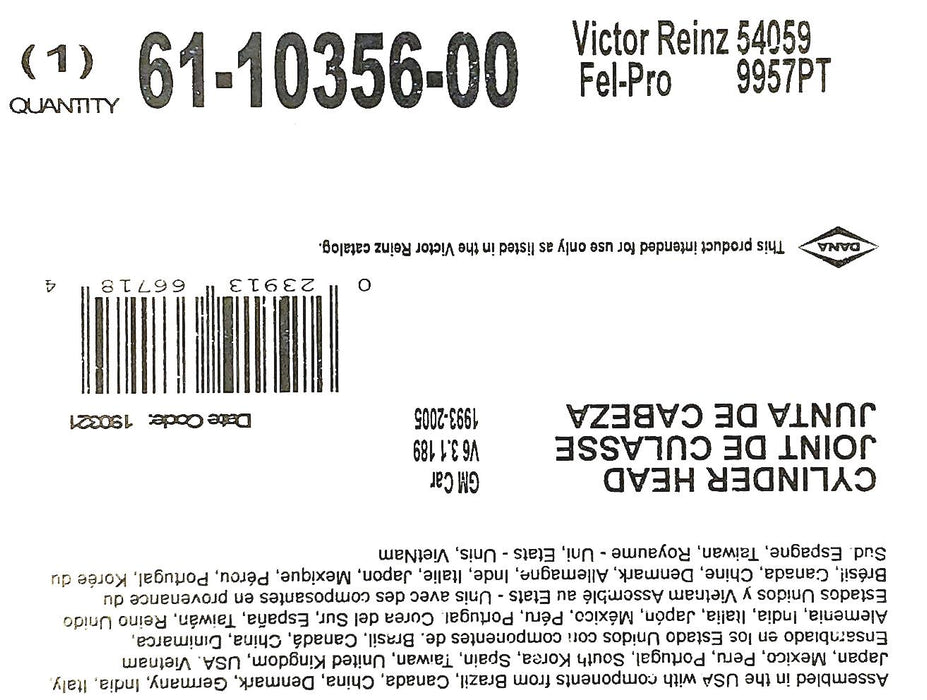Victor Reinz Engine Cylinder Head Gasket 61-10356-00 NOS