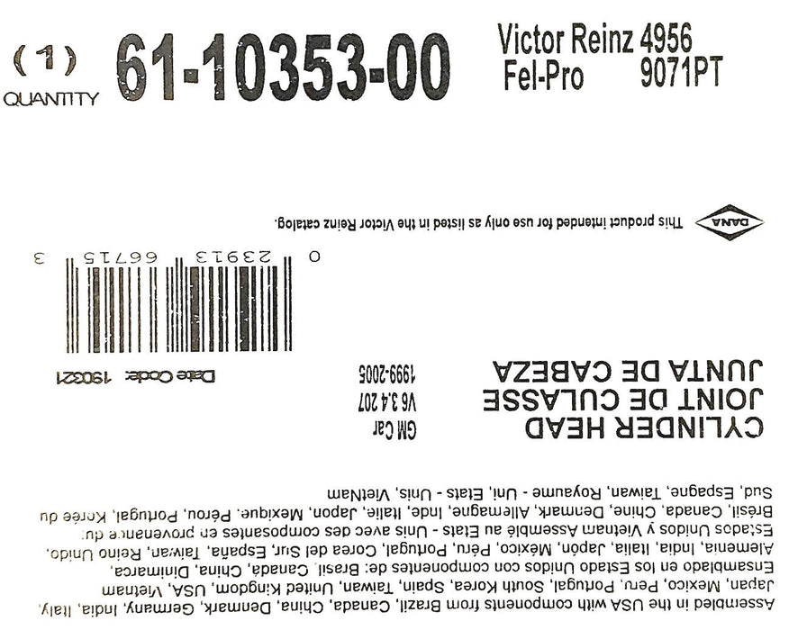 Victor Reinz Engine Cylinder Head Gasket 61-10353-00 NOS