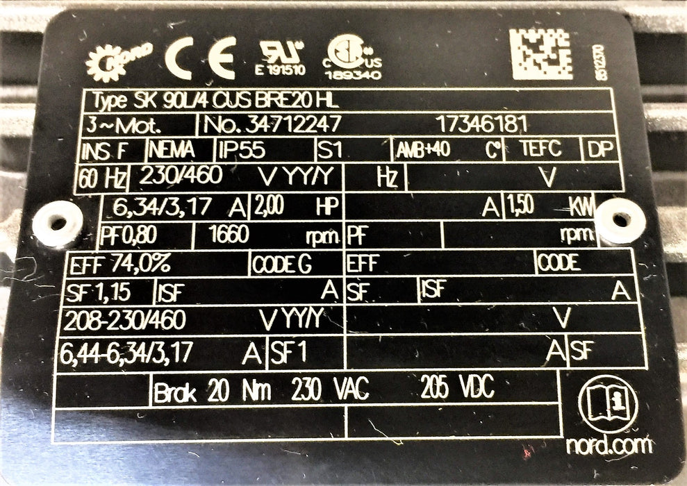 NORD 2HP/3-Phase/1660RPM/60Hz Motor 90L4CUSBRE20HL NOS