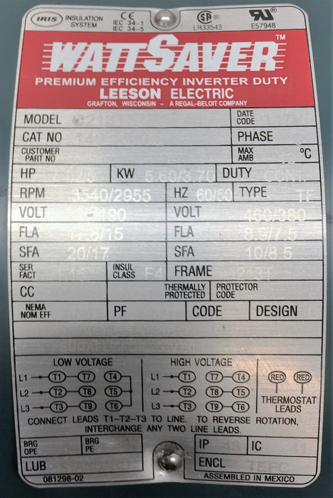 LEESON WATT SAVER 3-Phase General Purpose Motor C213T34FB1A NOS