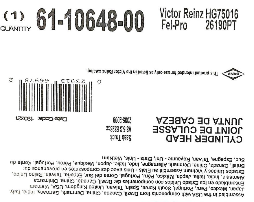 Victor Reinz Engine Cylinder Head Gasket 61-10648-00 NOS