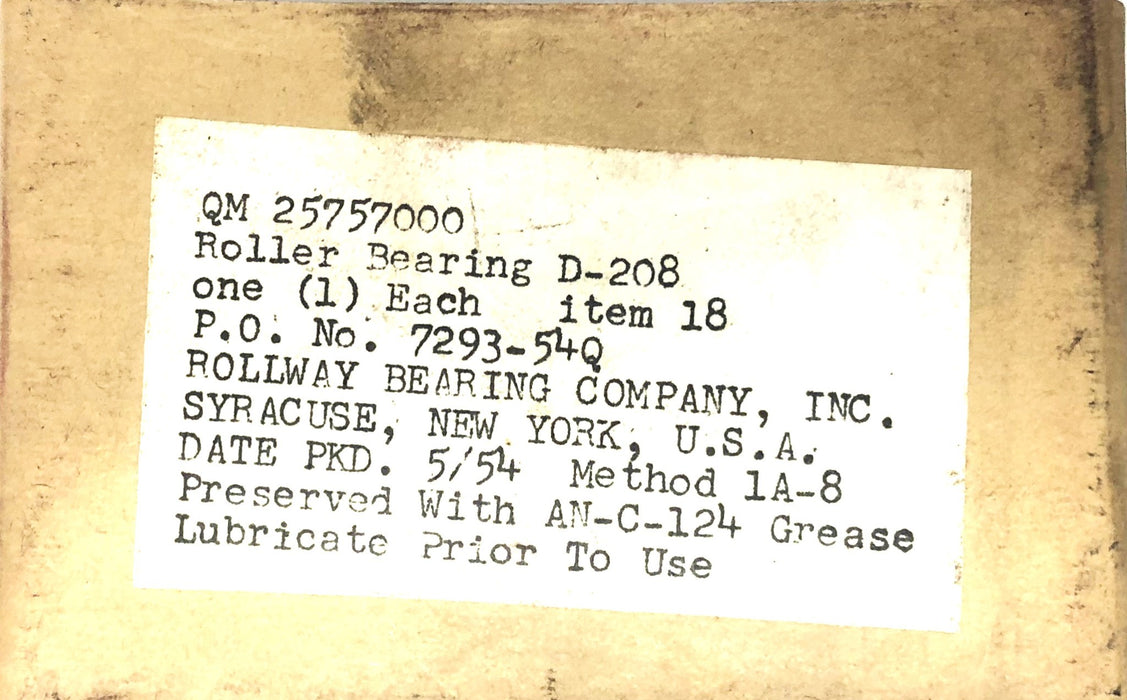 Rollway Journal Roller Bearing D-208 NOS