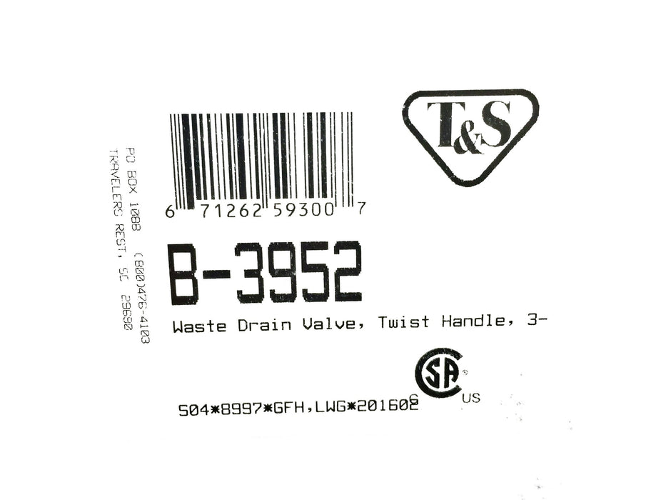 T&S Brass B-3952 Waste Drain Valve NOS