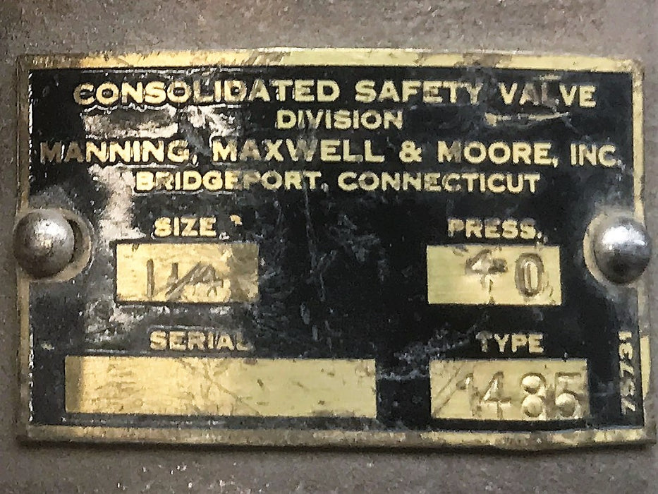 Manning, Maxwell and Moore Brass 1-1/4" Consolidated Safety Valve Type 1485 USED