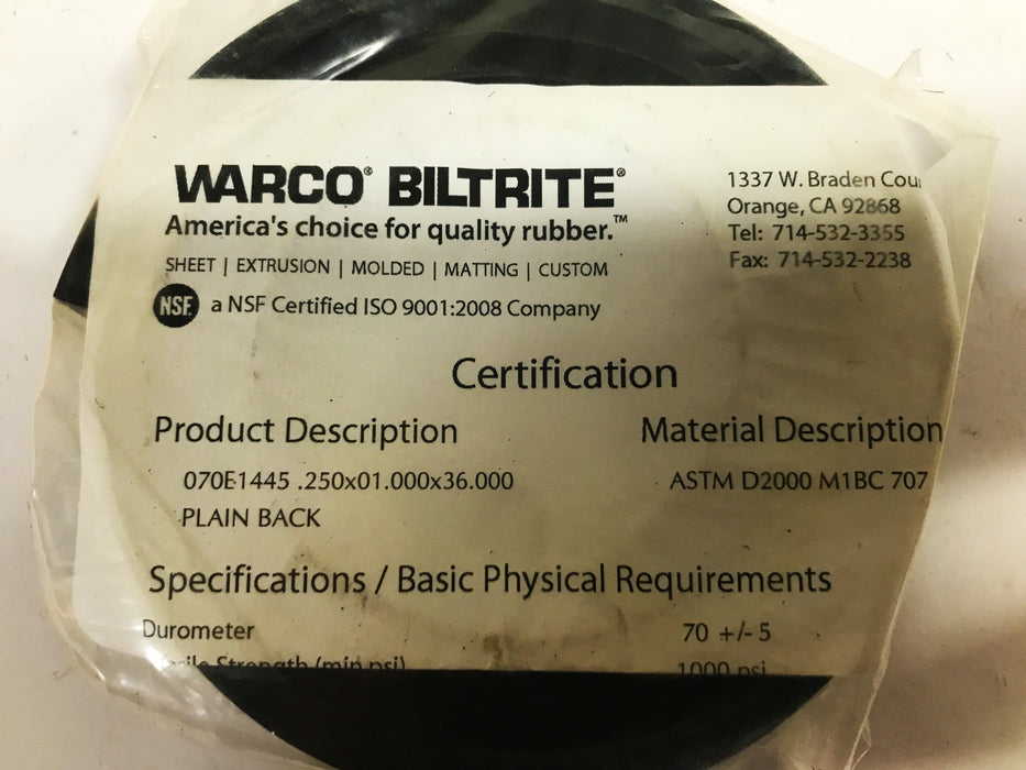Warco Biltrite Black Rubber Strip 070E1445 [Lot of 2] NOS