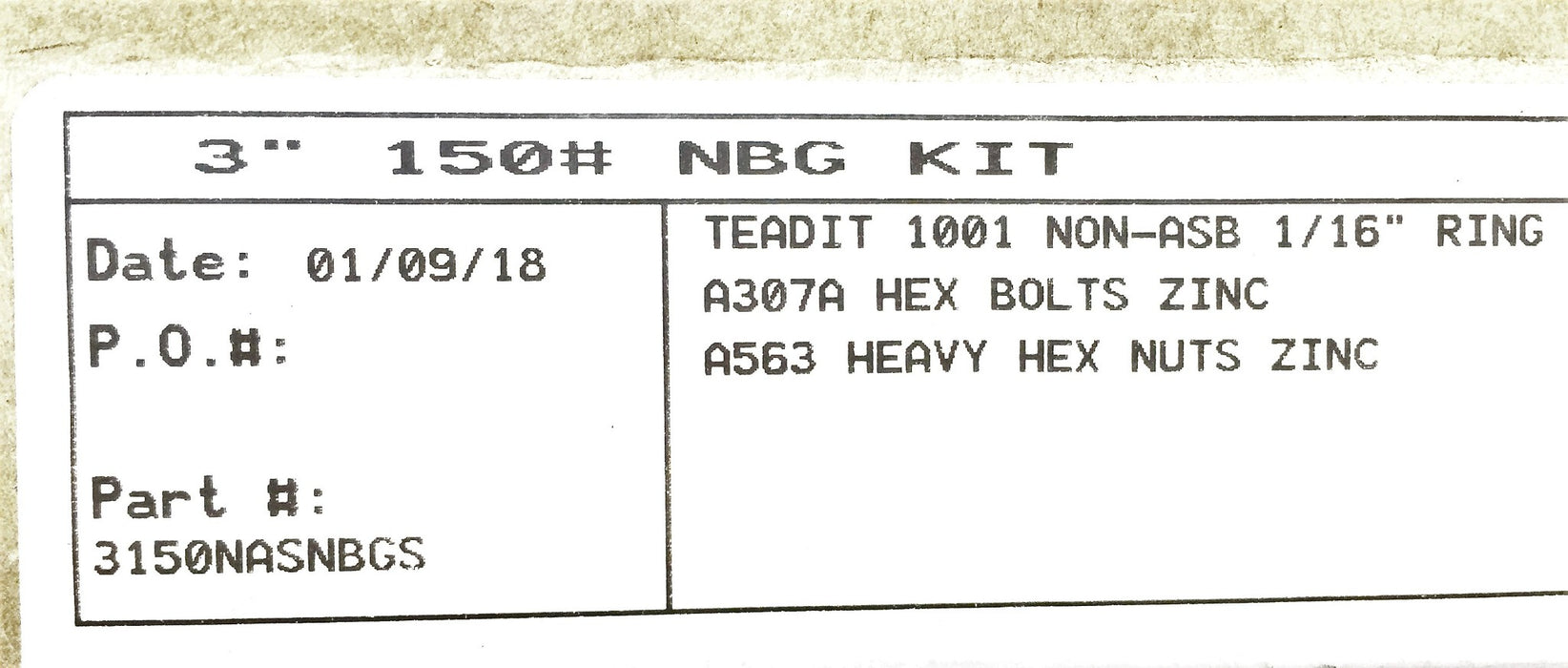 Teadit 1001 3" 150# Non-ASB 1/16th ring NBG Kit 3150NASNBGS NOS