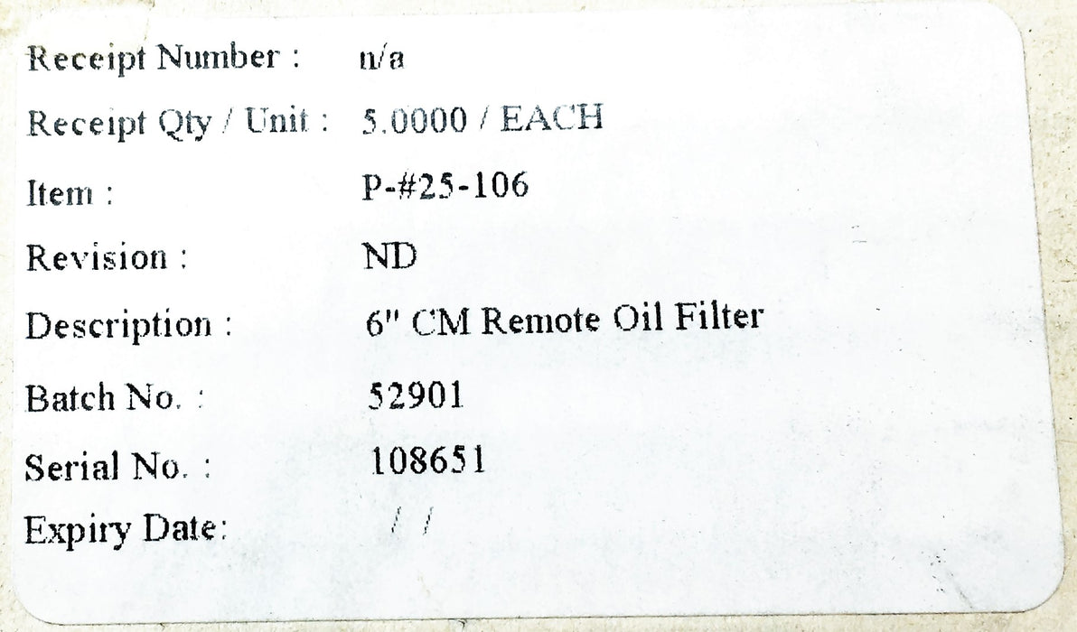 CM 6 Inch Remote Oil Filter 25-106 NOS