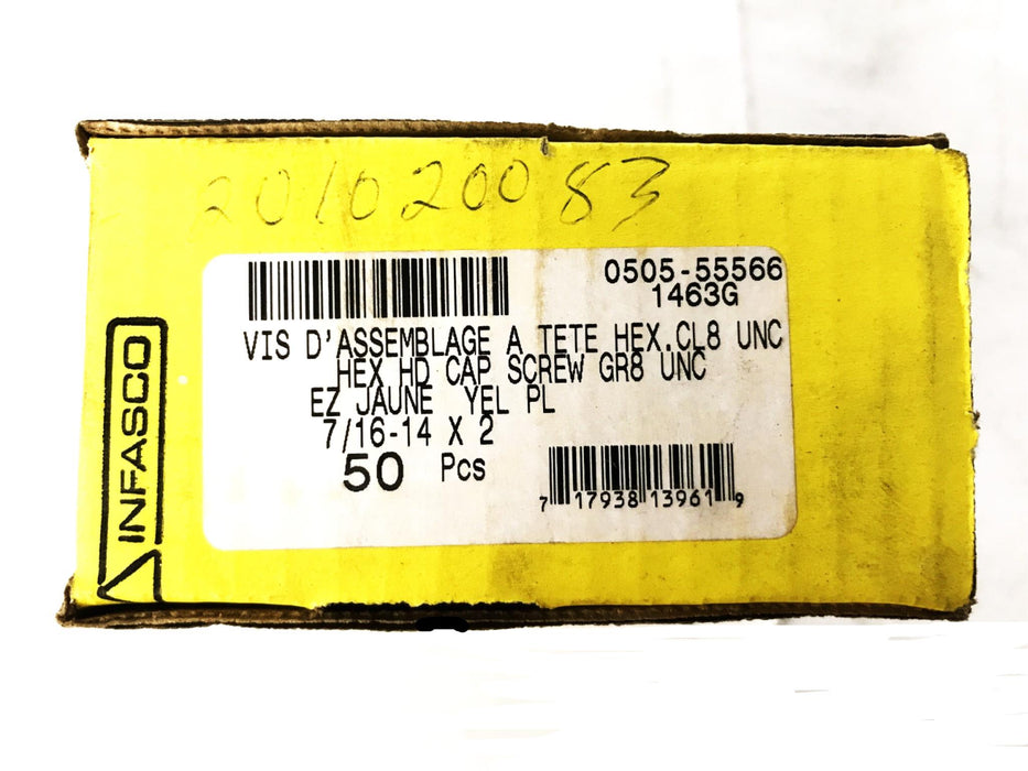 Infasco 7/16"-14 x 2" Grade 8 Zinc Plated Hex Head Screw, Box of 50, NOS