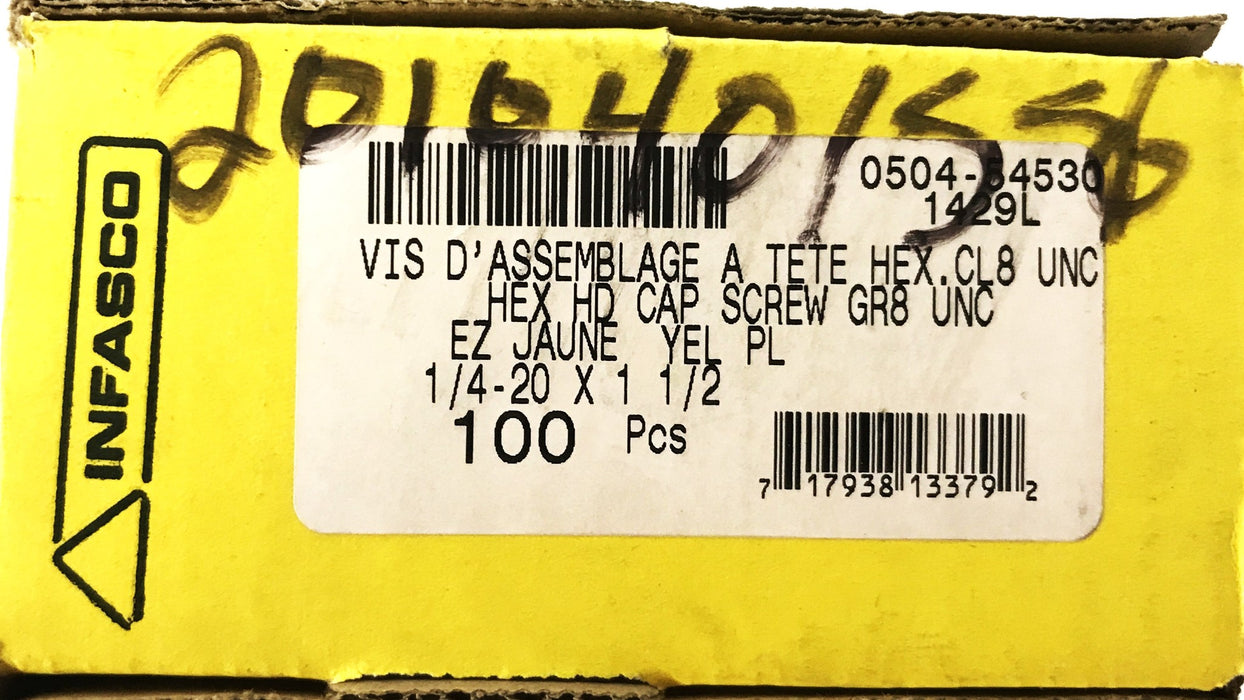 Infasco 1/4"-20 x 1-1/2" Grade 8 Hex Head Cap Screw, Box of 100, [Lot of 2] NOS