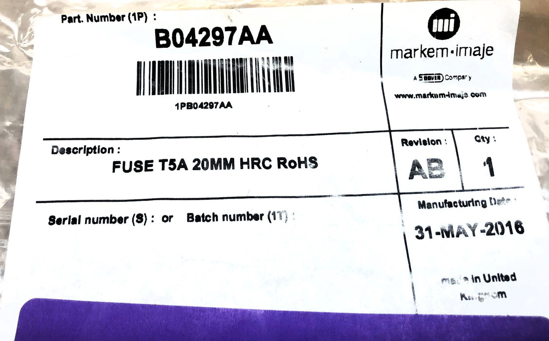 Markem-Imaje Fuse T5A 20MM HRC RoHS B04297AA [Lot of 6] NOS