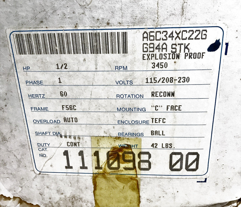 Leeson 1/2 HP 3450 RPM Single Phase Industrial Motor 111098-00 (A6C34XC22G) NOS