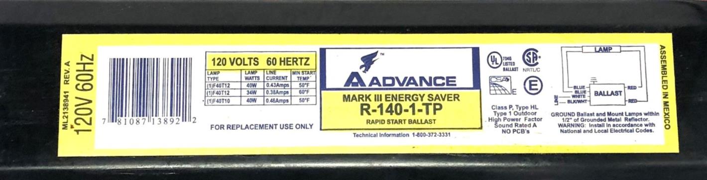 Advance Ballast 120V 60Hz Rapid Start Ballast R140TP [Lot of 3] NOS