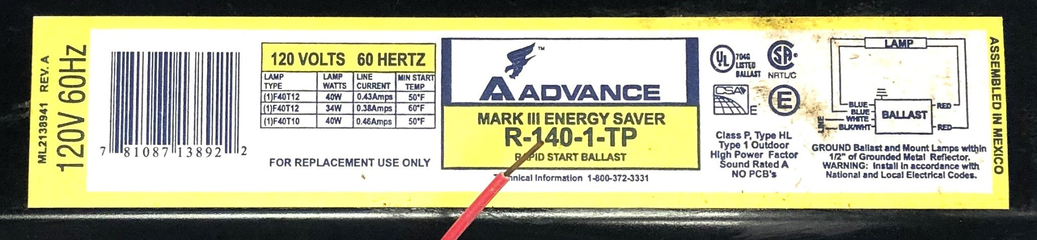 Advance Ballast 120V 60Hz Rapid Start Ballast R140TP [Lot of 2] USED