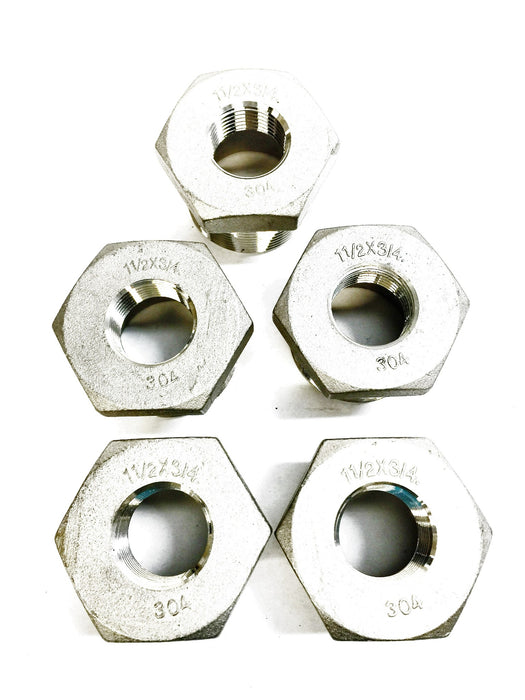 Stainless Steel 1-1/2" Male x 3/4" Female Thread Reducer 304 [Lot of 5] NOS