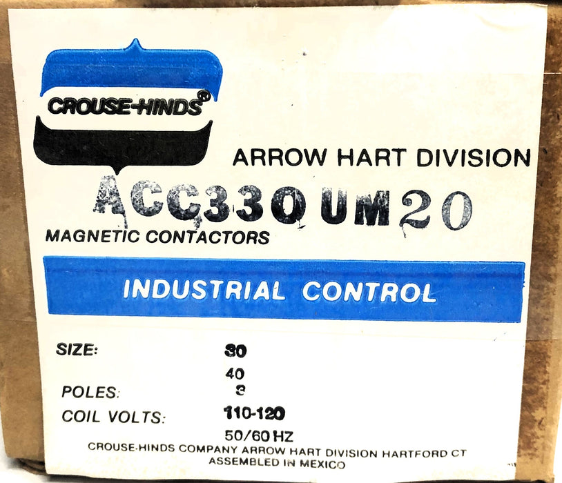 Crouse-Hinds Arrow Hart 110-120Volt 50/60HZ Magnetic Contactor ACC330UM20 NOS