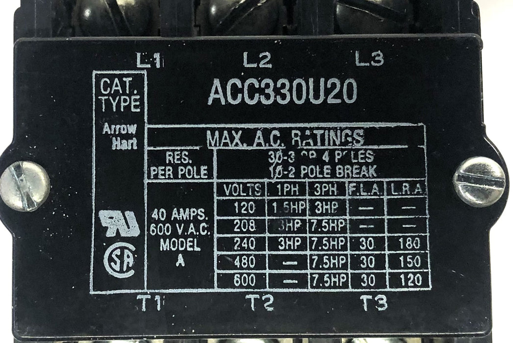 Crouse-Hinds Arrow Hart 110-120Volt 50/60HZ Magnetic Contactor ACC330UM20 NOS