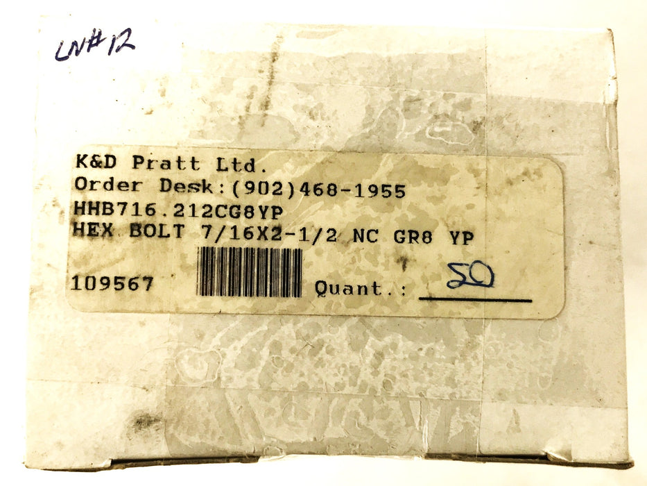 Pratt 7/16" x 2-1/2" Grade 8 Zinc Plated Hex Screws, Box of 50, HHB716.212 NOS