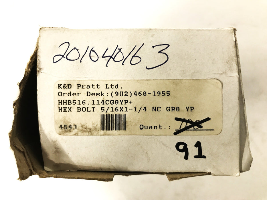 Pratt 5/16" x 1-1/4" Grade 8 Zinc Plated Hex Screws, Box of 91, HHB516.114 NOS