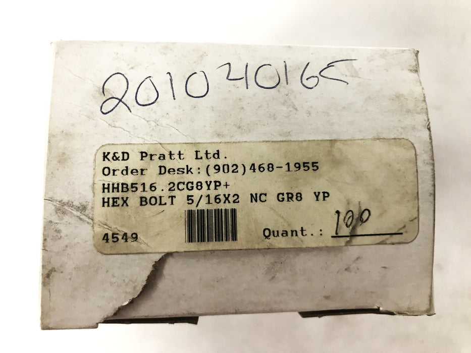 Pratt 5/16" x 2" Grade 8 Zinc Plated Hex Screws, Box of 100, HHB516.2 NOS
