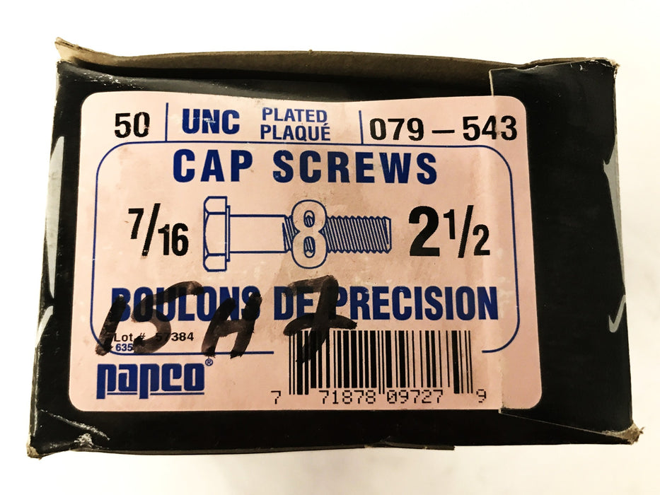 Papco 7/16" x 2-1/2" Grade 8 Zinc Plated Hex Screws, Box of 50, 079-543 NOS