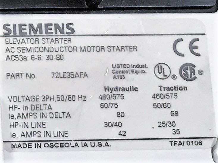 Siemens Elevator Starter 72LE35AFA USED