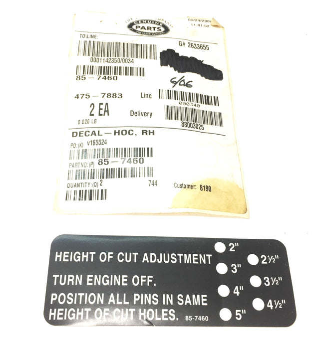 Toro OEM Height-of-Cut (HOC) Right Side Decal 85-7460 NOS