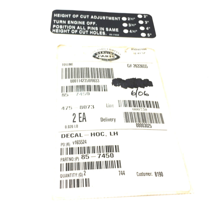 Toro OEM Height-of-Cut (HOC) Left Side Decal 85-7450 NOS