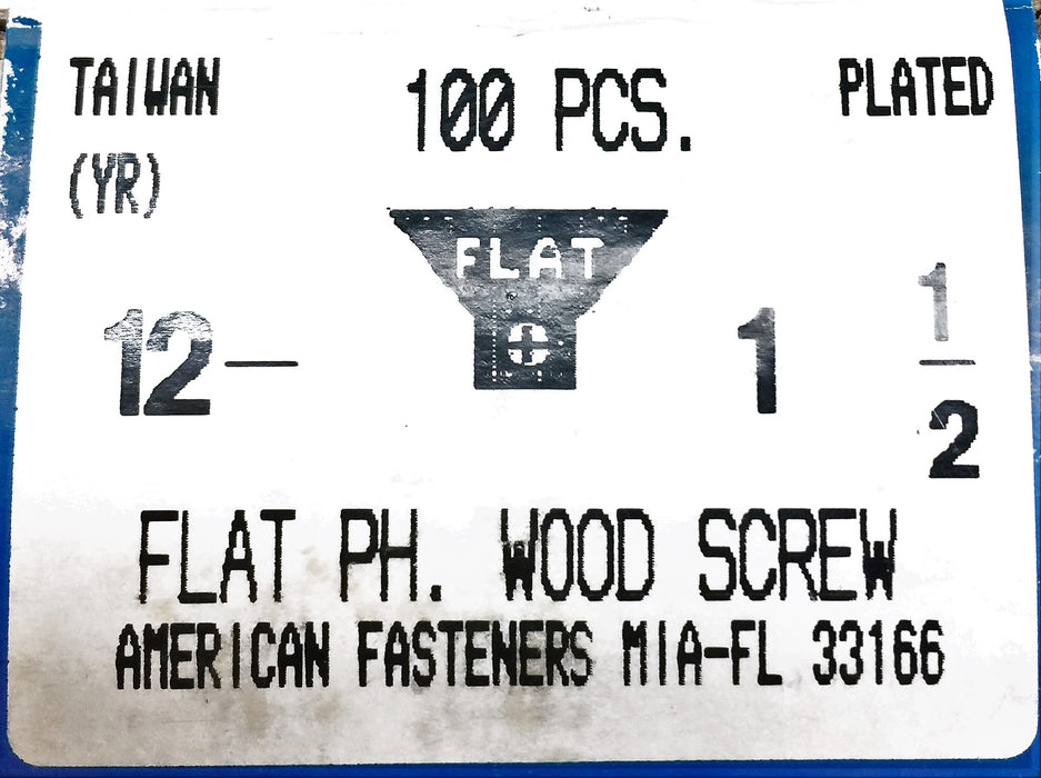 American Fasteners 12 X 1-1/2" Flat Wood Screw (100 pcs.) 703677 (5305-216) NOS