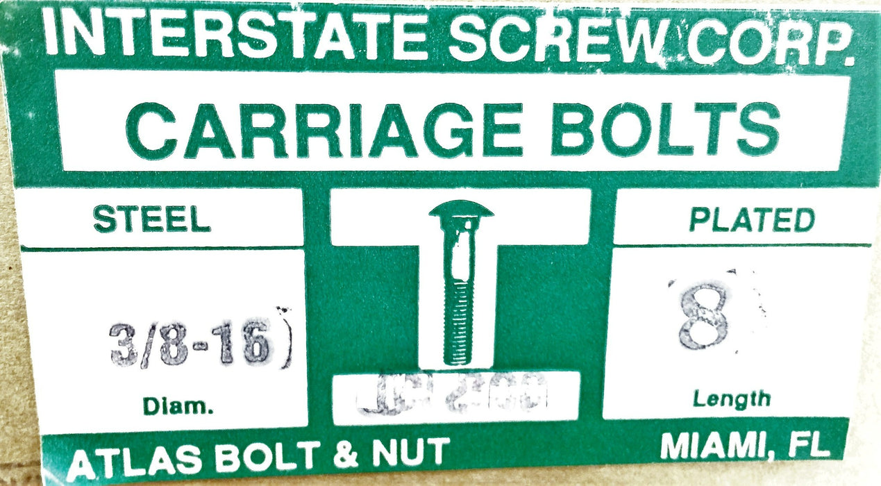 Interstate Screw 3/8-16 X 8" Steel Plated Carriage Bolt 307A [Lot of 10] NOS
