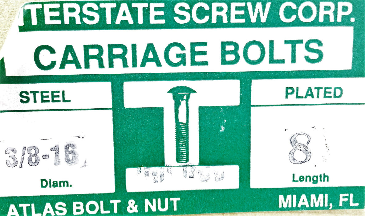 Interstate Screw 3/8-16 X 8" Galvanized Carriage Bolt 307A [Lot of 10] NOS