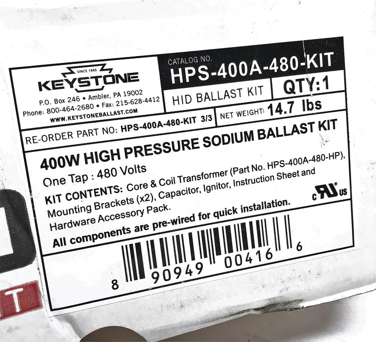 Keystone High Pressure Sodium Ballast Kit HPS-400A-480-KIT NOS