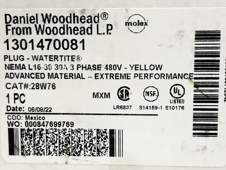 Woodhead 4-Prong Yellow Locking Male Plug Assembly 1301470081 NOS