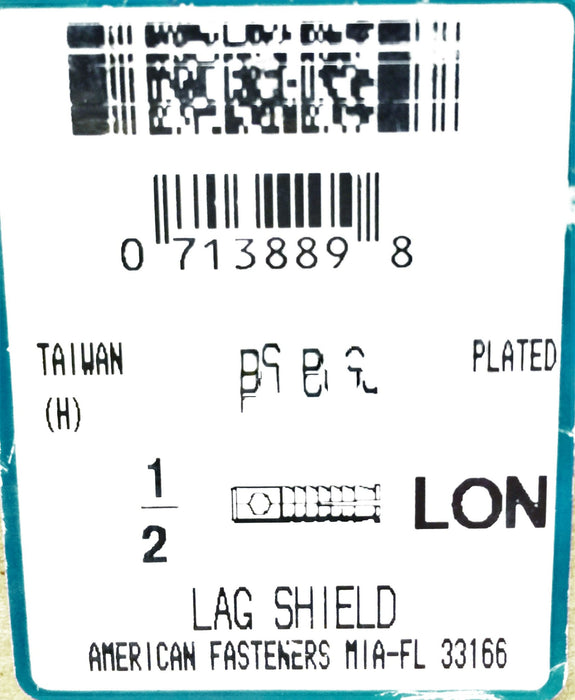 American Fasteners 1/2 X 3" Long Lag Shield 5325-60 (38pcs.) NOS